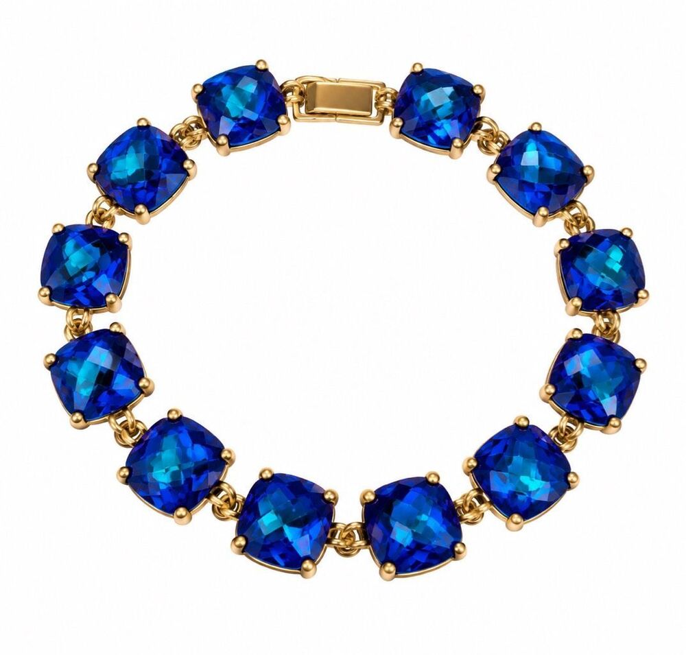Blue Iridescent Cushion Cut Crystal Gold Tone Tennis Statement Bracelet
